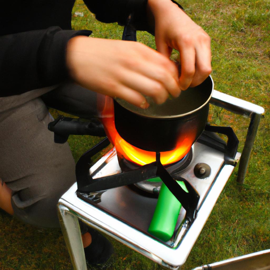 Person cooking at campsite stove