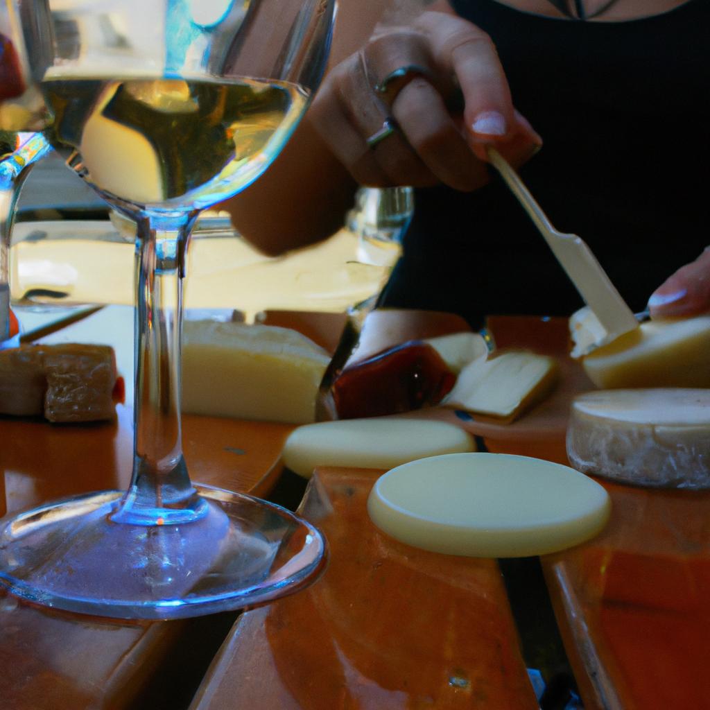 Person sampling wine and cheese